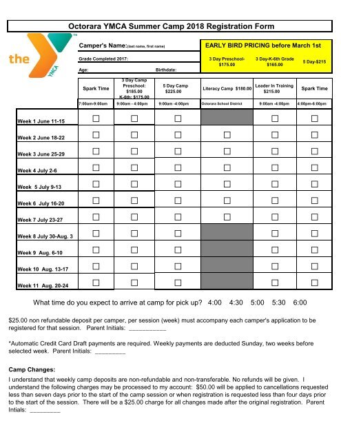 2018 - Camp Octorara (Octorara YMCA) Registration Form