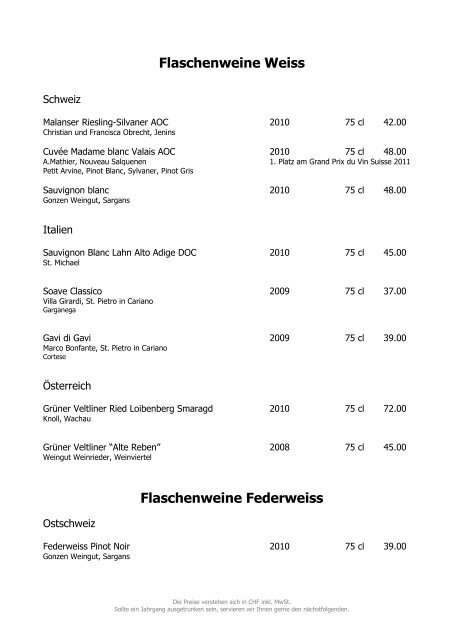 Flaschenweine Federweiss - Best of Swiss Gastro