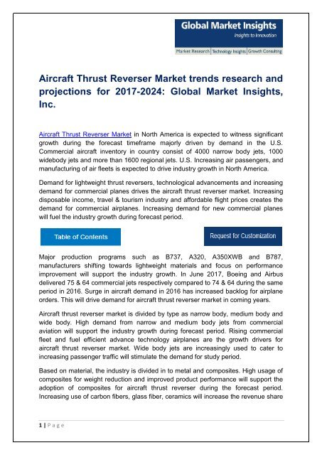 Aircraft Thrust Reverser Market share research by applications and regions for 2017-2024