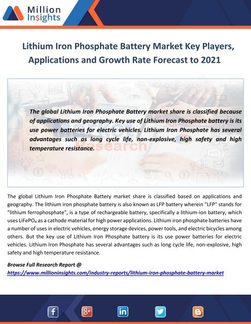 Lithium Iron Phosphate Battery Market Key Players, Applications and Growth Rate Forecast to 2021