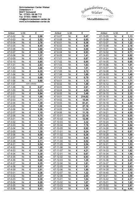 Preisliste 2018