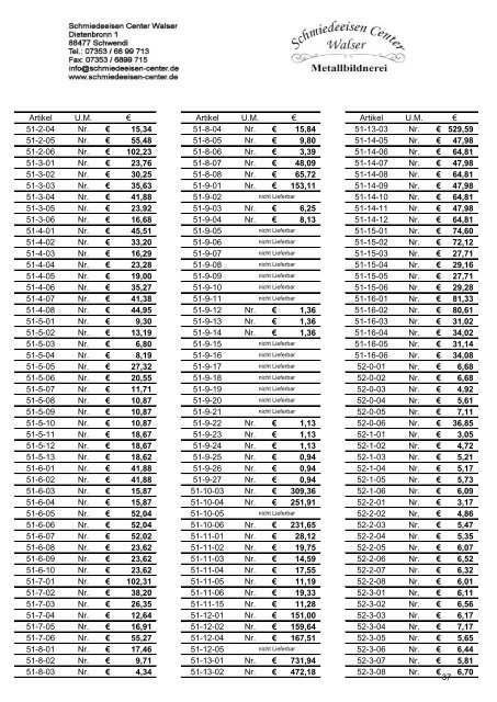 Preisliste 2018