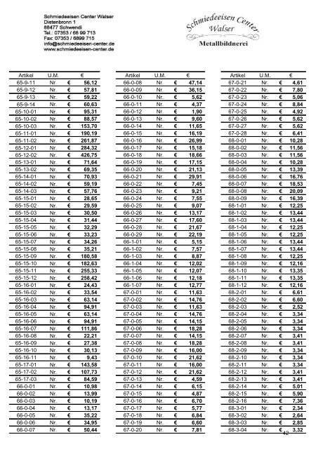 Preisliste 2018