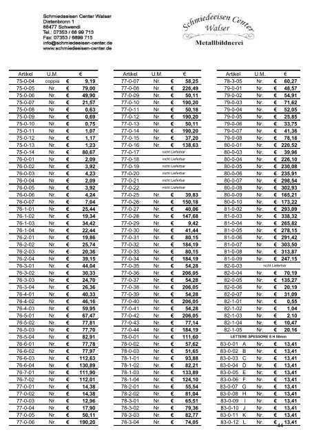 Preisliste 2018