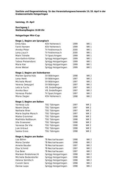 Startliste und Riegeneinteilung für das Veranstaltungswochenende ...