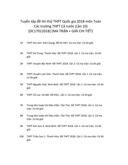 Tuyển tập đề thi thử THPT Quốc gia 2018 môn Toán Các trường THPT Cả nước (Lần 10) [DC17012018] (MA TRẬN + GIẢI CHI TIẾT)