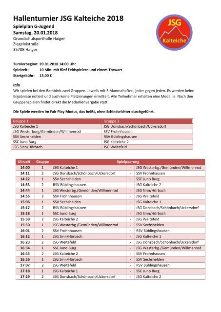 Spielplan 2018 G-Jugend Hallenturnier JSG Kalteiche