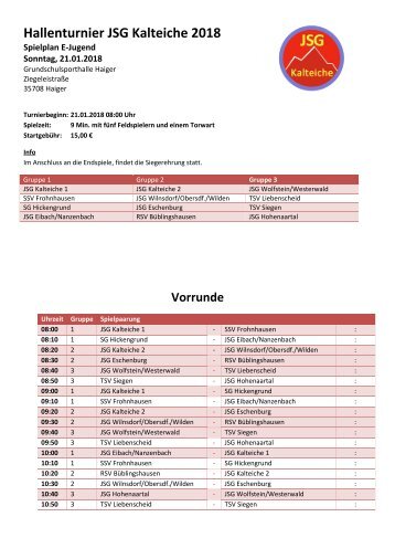 Spielplan 2018 E-Jugend Hallenturnier JSG Kalteiche