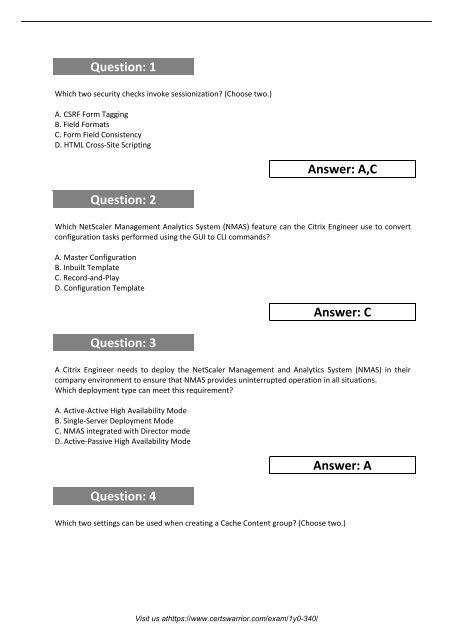 1Y0-340 Customer Support Service of Exam Dumps 2018