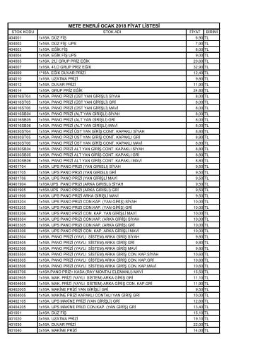 METE ENERJİ FİYAT LİSTESİ OCAK 2018