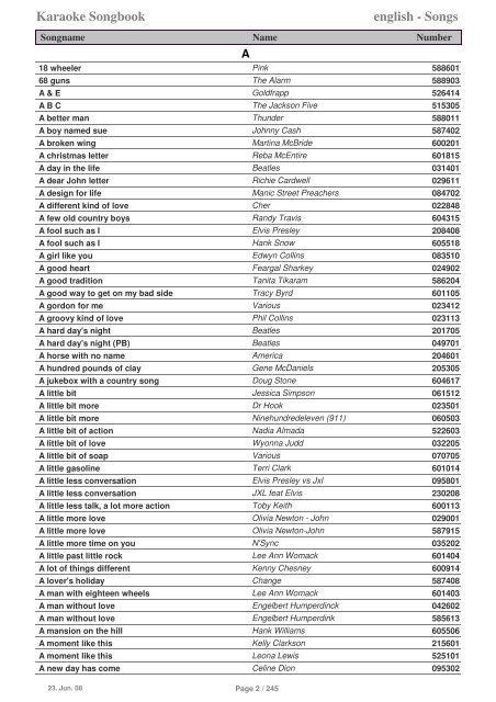 Songbook kompl_ Titelliste - Karaoke On Tour