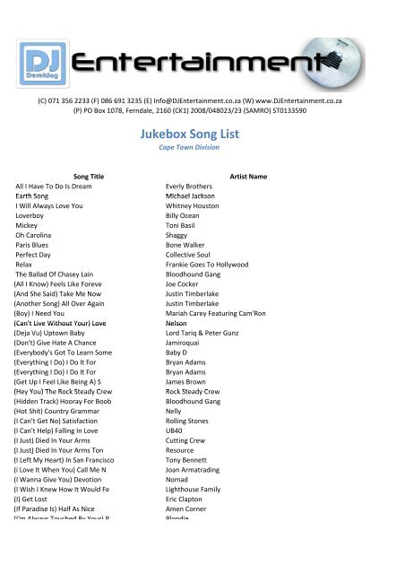 Jukebox Song List Dj Entertainment
