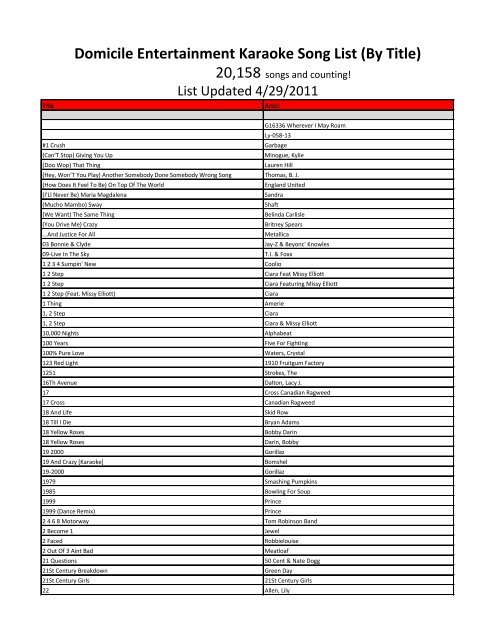 Domicile Entertainment Karaoke Song List (By Title)