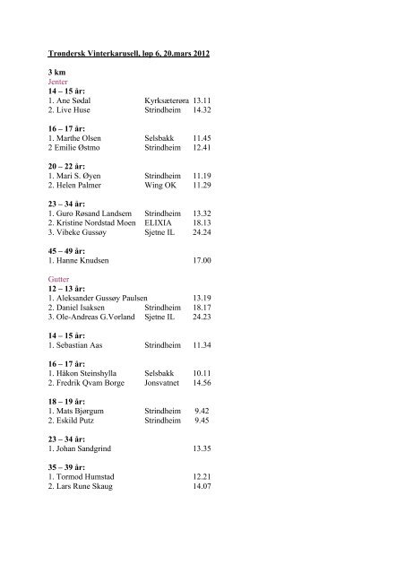 resultater vinterkarusellen - løp 6 - NTNU