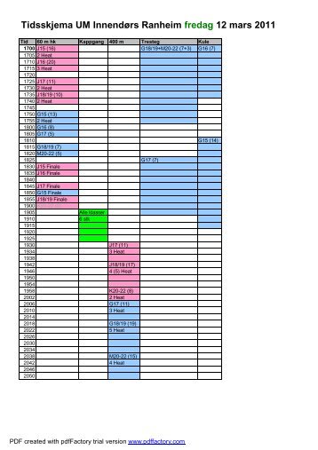 Tidsskjema UM Innendørs Ranheim fredag 12 mars 2011