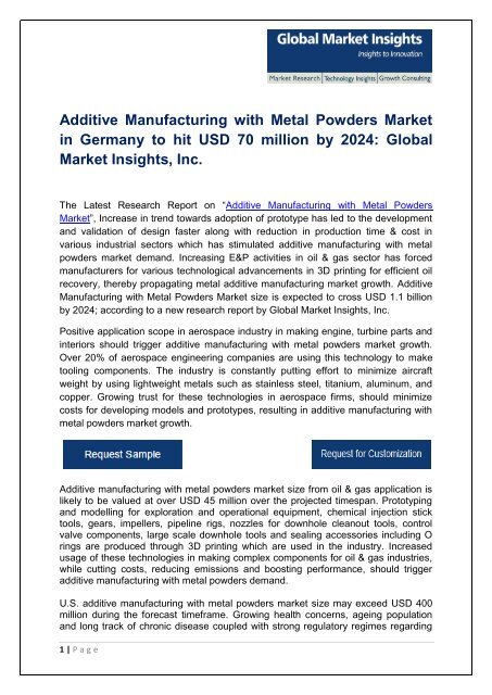 Additive Manufacturing with Metal Powders Market By Application, Material, Region – Forecast To 2024