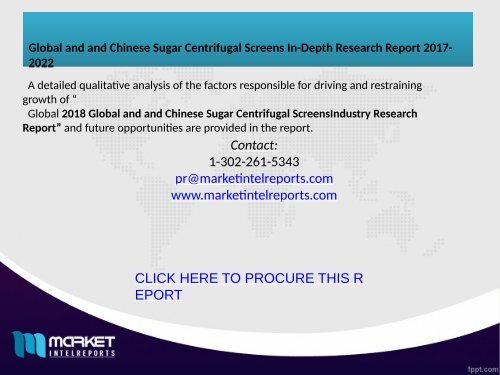 Global and Chinese Sugar Centrifugal Screens Industry, 2017 Market Research Report