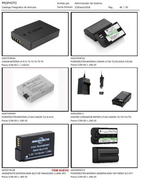 Catalogo ProPhoto actualizado al 22 de Enero del 2018