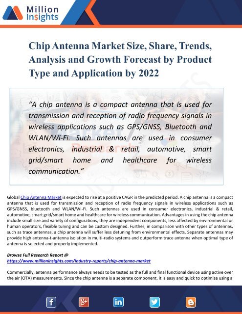 Chip Antenna Market Analysis by Product, Types, Marketing Channel, Development Trend, Market Effect, Factors Analysis by 2022