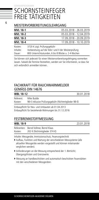 Schornsteinfeger-Akademie Seminarprogramm 18-1