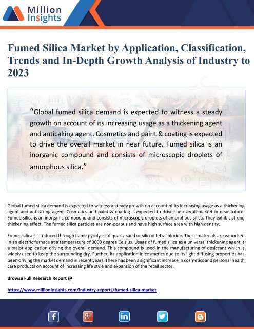 Fumed Silica Market by Application, Classification, Trends and In-Depth Growth Analysis of Industry to 2023