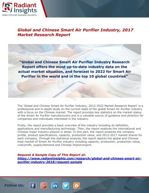 Smart Air Purifier Industry – Global Market Status with Regional Outlook in New Research Report 2018 