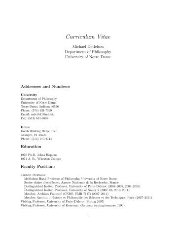 Michael Detlefsen's Curriculum Vitae (PDF) - University of Notre Dame