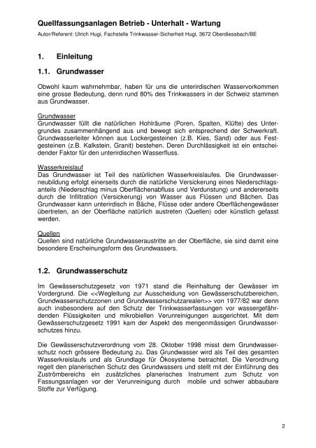 Quellfassungsanlagen Betrieb - Unterhalt - Wartung