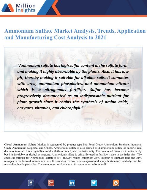 Ammonium Sulfate Market Analysis, Trends, Application and Manufacturing Cost Analysis to 2021