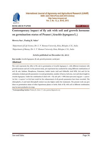 Contemporary impact of fly ash with soil and growth hormone on germination status of Peanut (Arachis hypogaea L.)