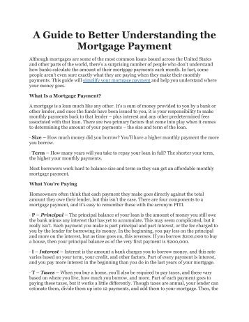  A Guide to Better Understanding the Mortgage Payment