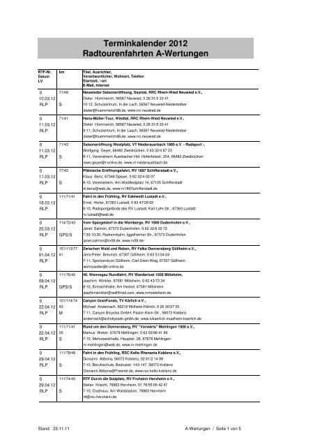 Terminkalender 2012 Radtourenfahrten A-Wertungen - Abt. Radsport