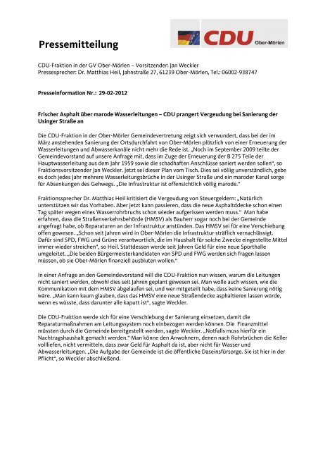Pressemitteilung - CDU Ober-Mörlen