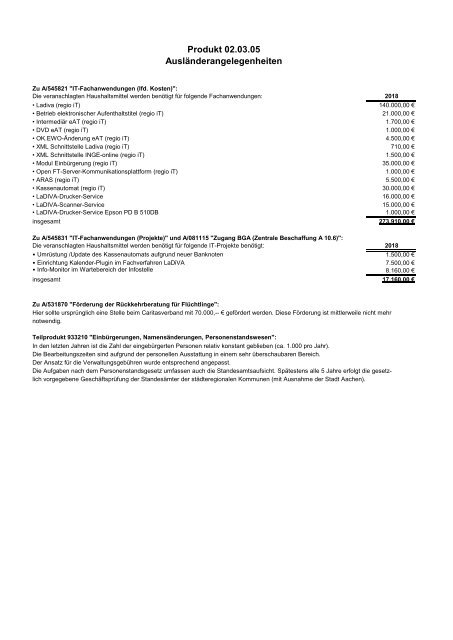 Haushalt 2018 nach der Organisationsstruktur Dez. II