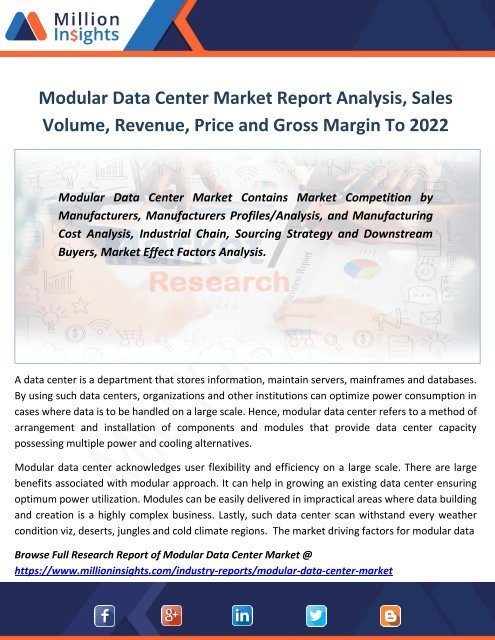 Modular Data Center Market Report Analysis, Sales Volume, Revenue, Price and Gross Margin To 2022