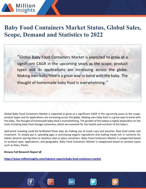 Baby Food Containers Market Status, Global Sales, Scope, Demand and Statistics to 2022