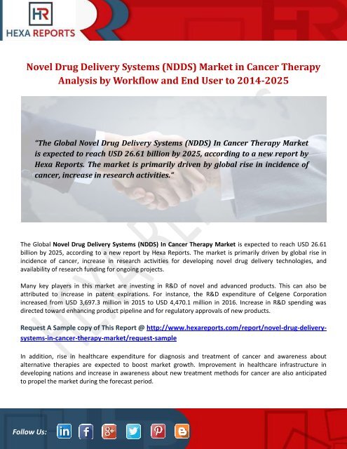 Novel Drug Delivery Systems (NDDS) Market in Cancer Therapy Analysis by Workflow and End User to 2014-2025