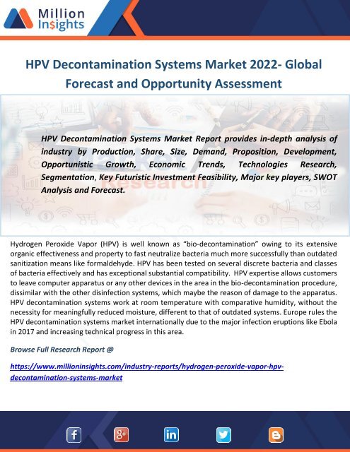 HPV Decontamination Systems Market 2022- Global Forecast and Opportunity Assessment