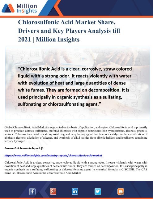 Chlorosulfonic Acid Market Share, Drivers and Key Players Analysis till 2021 Million Insights