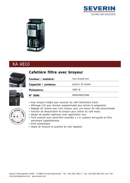 Severin KA 4810 Cafeti&amp;egrave;re filtre avec broyeur - Fiche technique