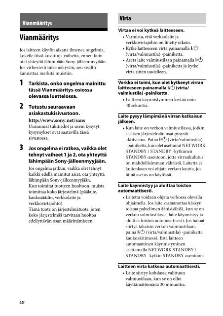 Sony SA-NS410 - SA-NS410 Mode d'emploi Finlandais