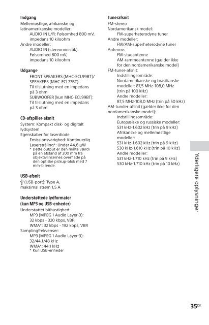 Sony MHC-ECL77BT - MHC-ECL77BT Consignes d&rsquo;utilisation Danois