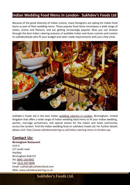 Indian Wedding Food Menu In London-  Sukhdev’s Foods Ltd