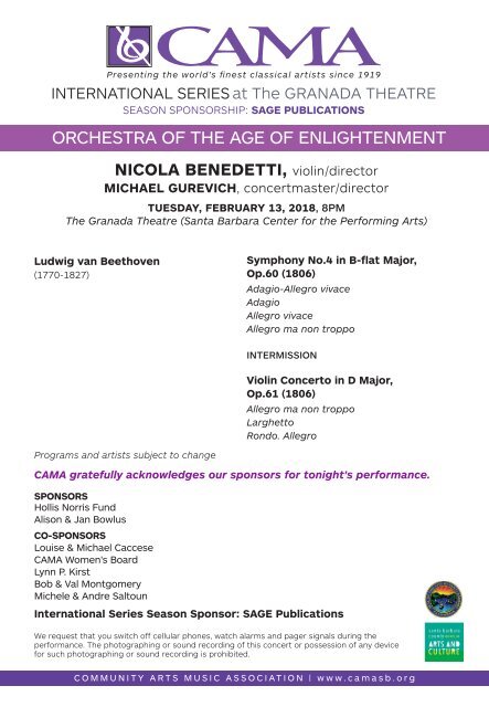 CAMA presents Orchestra of the Age of Enlightenment with Nicola Benedetti – Tuesday, February 13, 2018, International Series at The Granada Theatre, 8PM