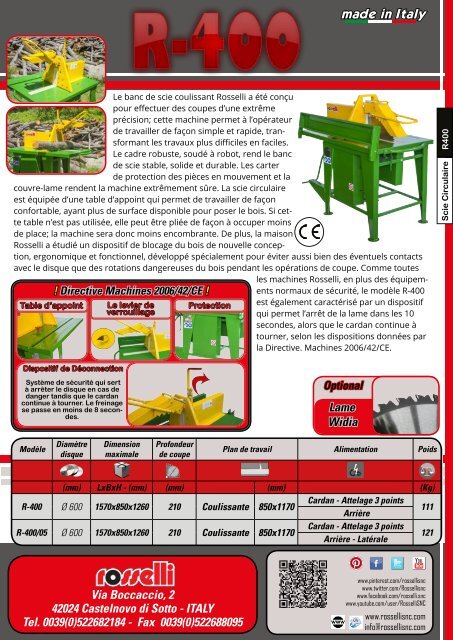 Banc de scie circulaire Ø 600 PTO - R-400 - Rosselli Snc