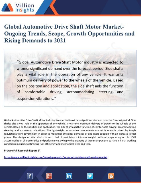 Global Automotive Drive Shaft Motor Market-   Ongoing Trends, Scope, Growth Opportunities and Rising Demands to 2021