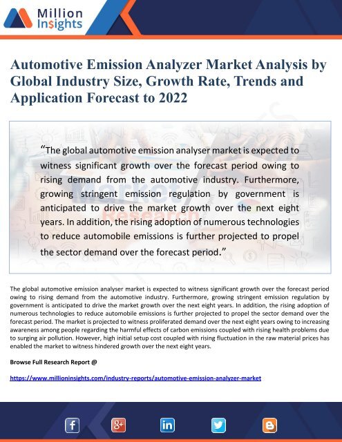 Automotive Emission Analyzer Market Analysis by Global Industry Size, Growth Rate, Trends and Application Forecast to 2022