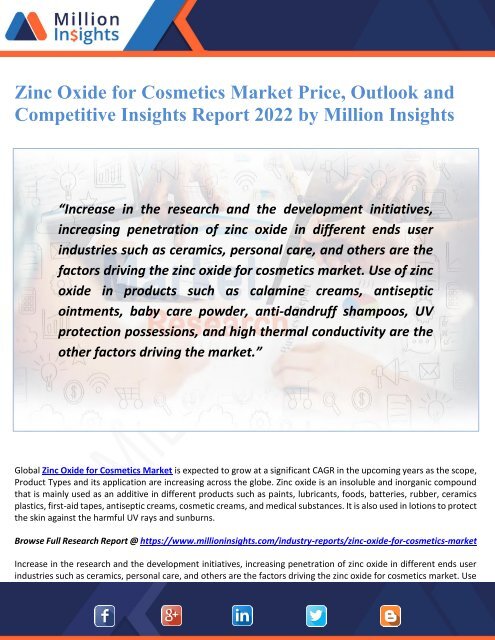 Zinc Oxide for Cosmetics Market Price, Outlook and Competitive Insights Report 2022 by Million Insights