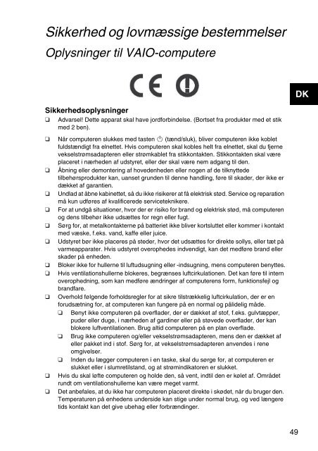 Sony SVS1311R9E - SVS1311R9E Documents de garantie Danois