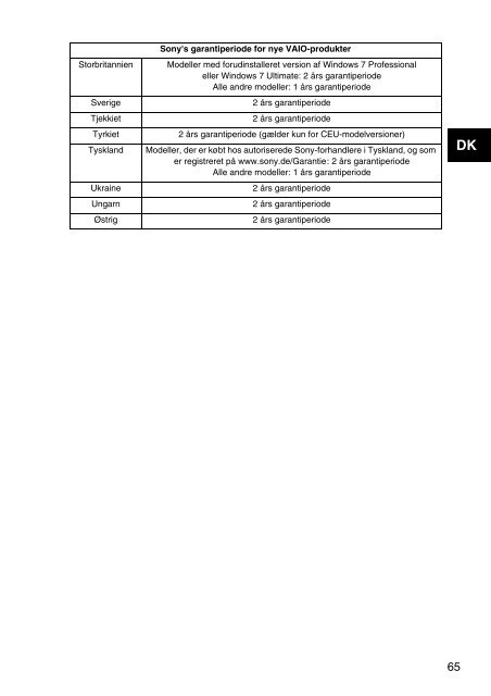 Sony SVS1311R9E - SVS1311R9E Documents de garantie Danois